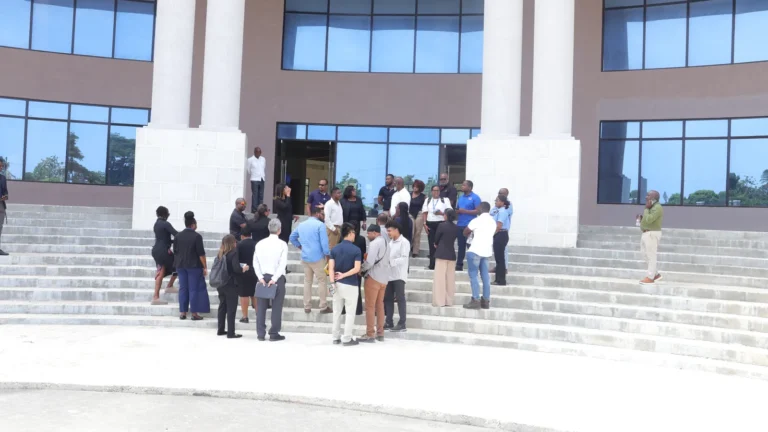 Ministry of Justice team touring the courthouse at the Morant Bay Urban Centre